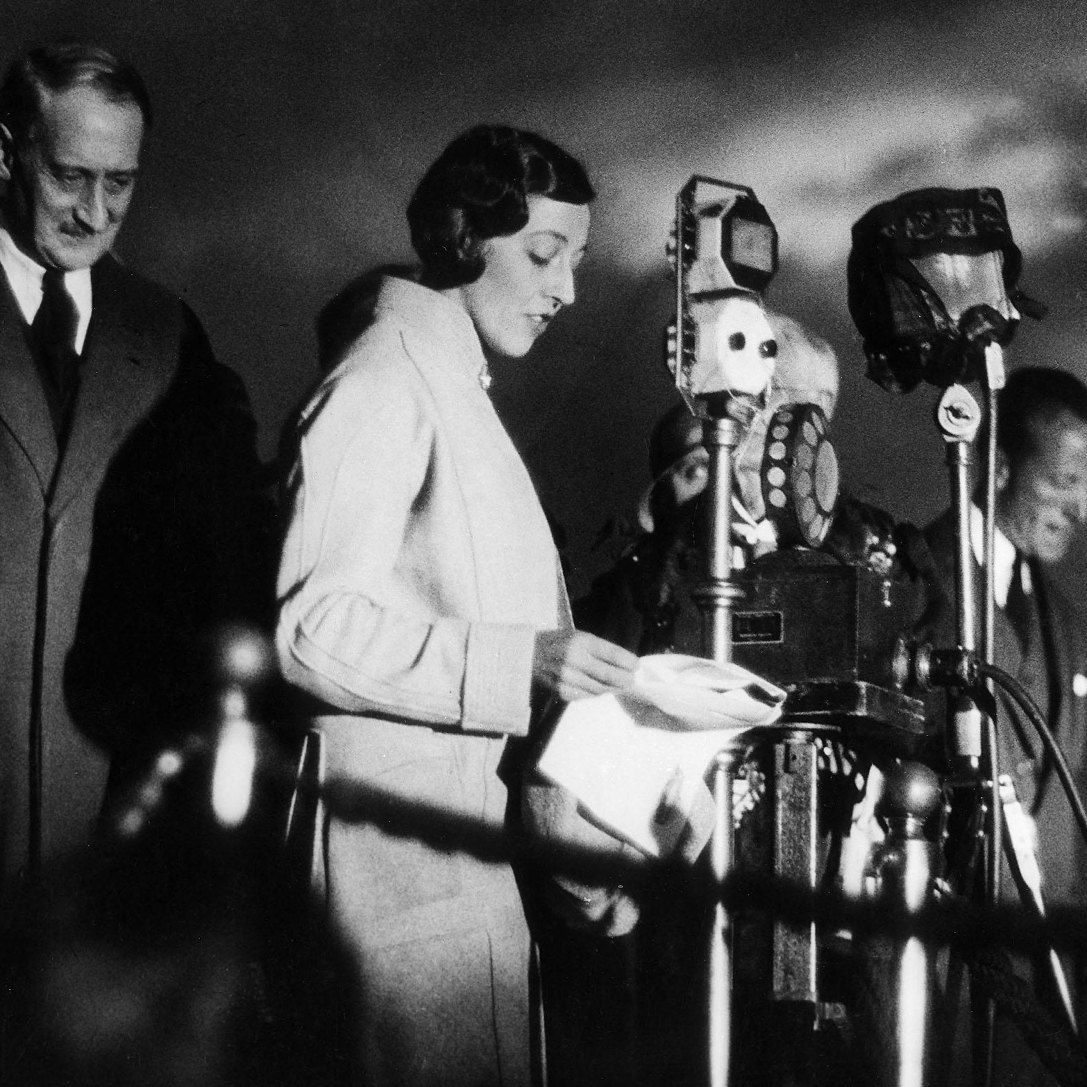 Amy Johnson talking on the radio in 1930 