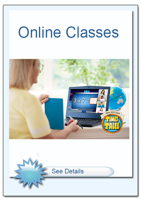 A teacher type lady at a computer teaching students online classes of Times Tales.