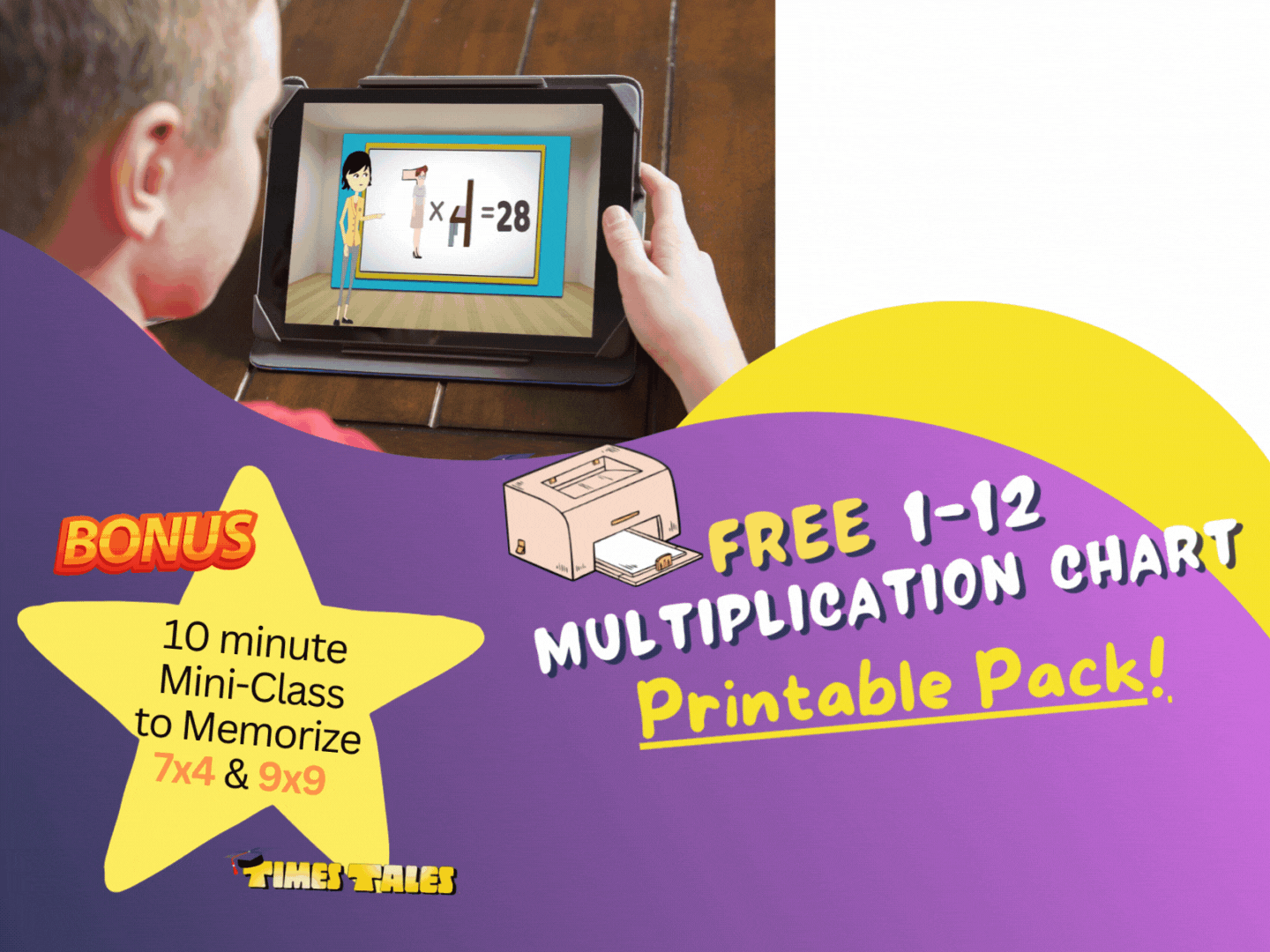 Text Free 1-12 multiplication chart printable pack. Boy looking at computer learning 7x4 times tables.