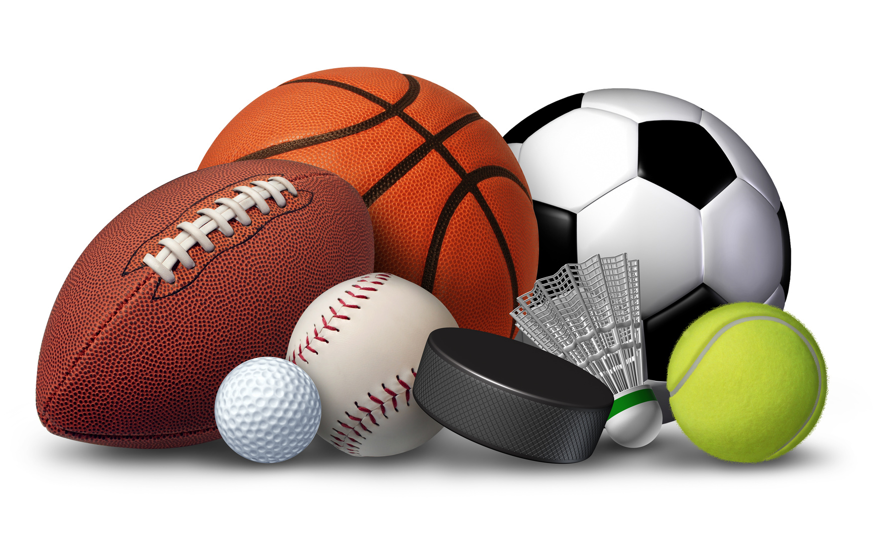 Sports equipment with a football basketball baseball soccer tennis and golf ball and badminton hockey puck as recreation and leisure fun activities for team and individual playing.