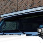white 2019 jeep wrangler unlimited jl DV8 50″ LED light bar B50CE300W3W A-pillar mounted DV8 3" cube LED lights B3CE20W5W