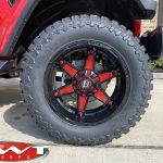 2020 Firecracker Red JT Gladiator 20×10 Ballistic Off Road Warrior wheels in gloss black with red 35x12.50R20 Mud tires
