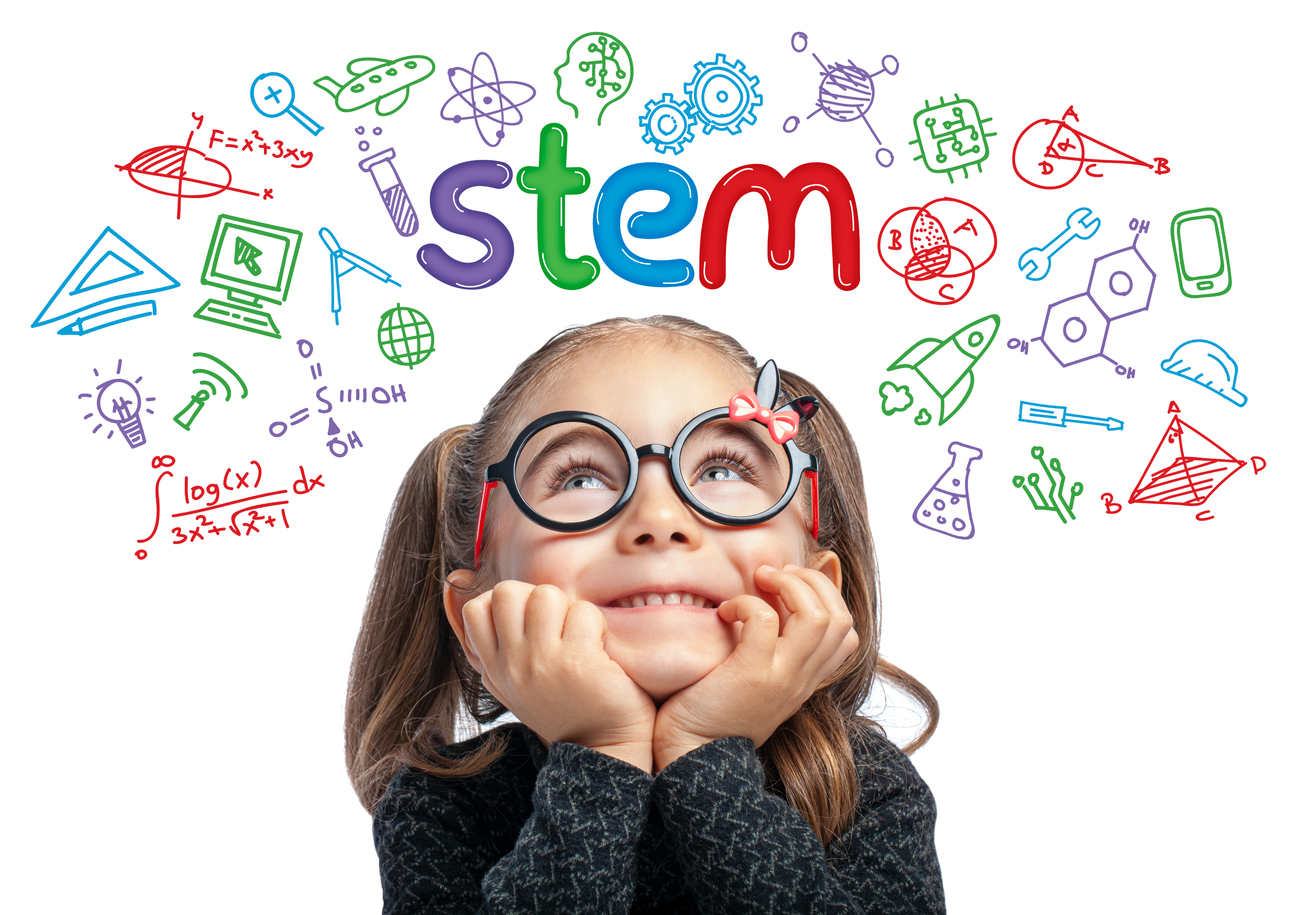 Child Looking up at STEM letters with icons