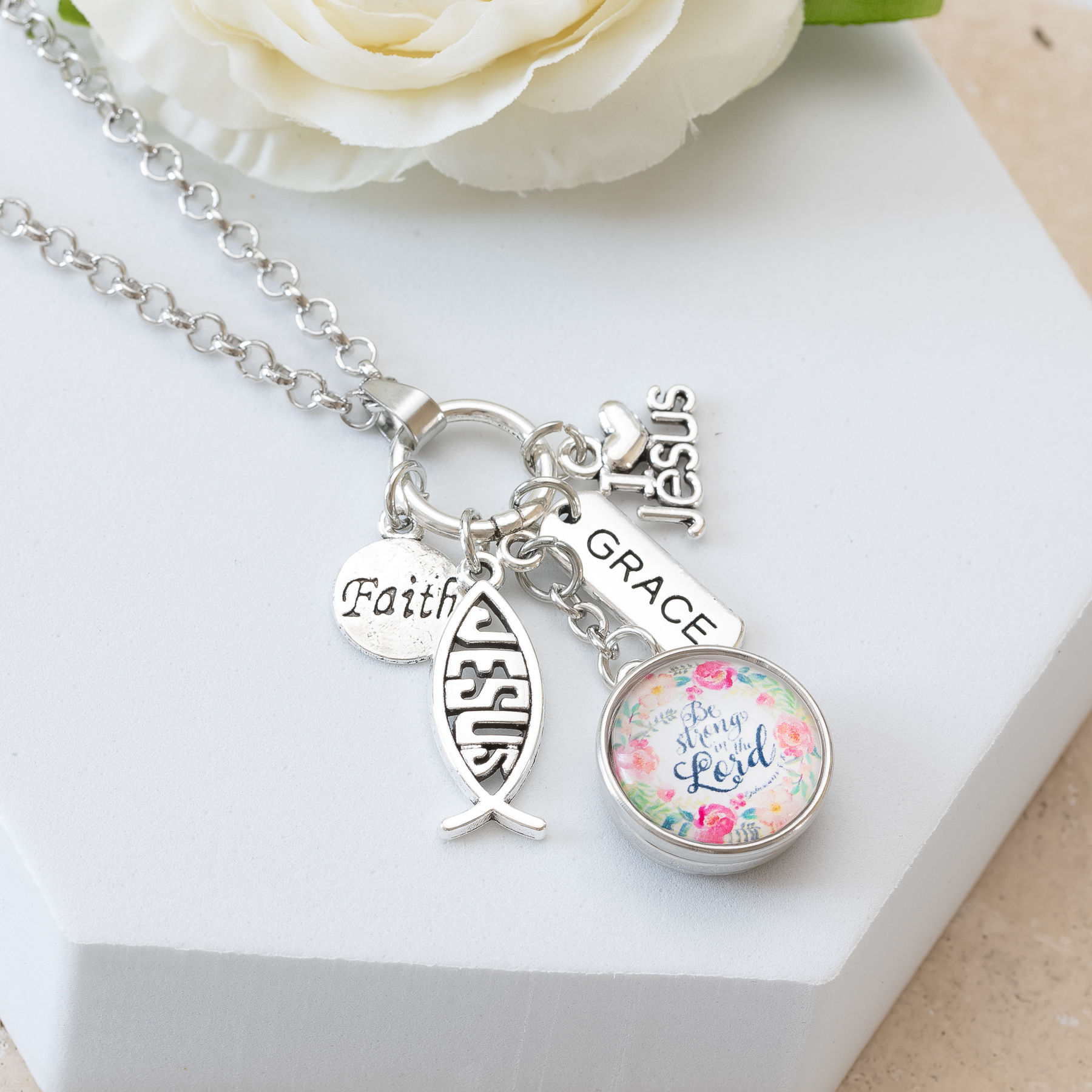 Click Pretty Necklace with Jesus and Charms