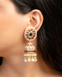 Pearl Polki Jhumka Earrings for Red Dress