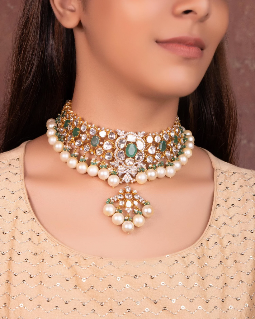 pearl polki necklace for collar neck dresses