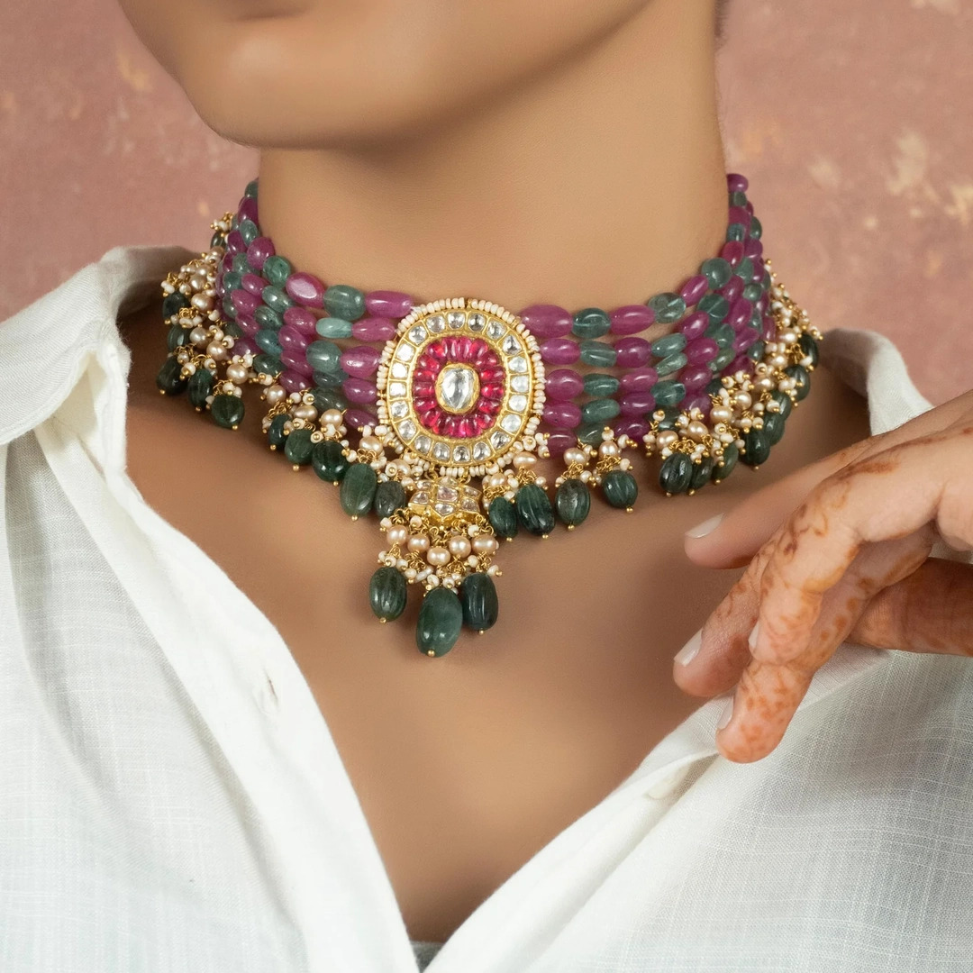 multi-colour beaded necklace for saree