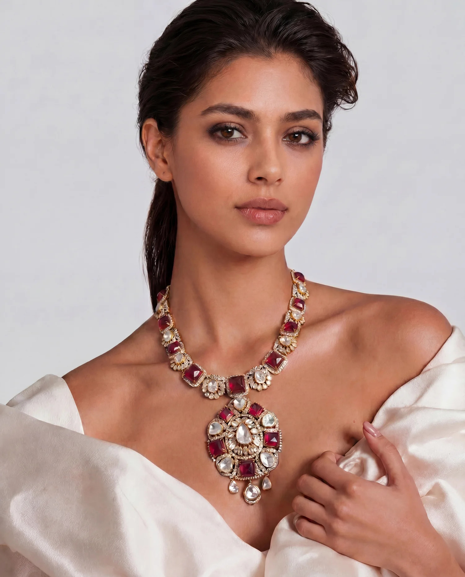 ruby jewellery for off-white dress