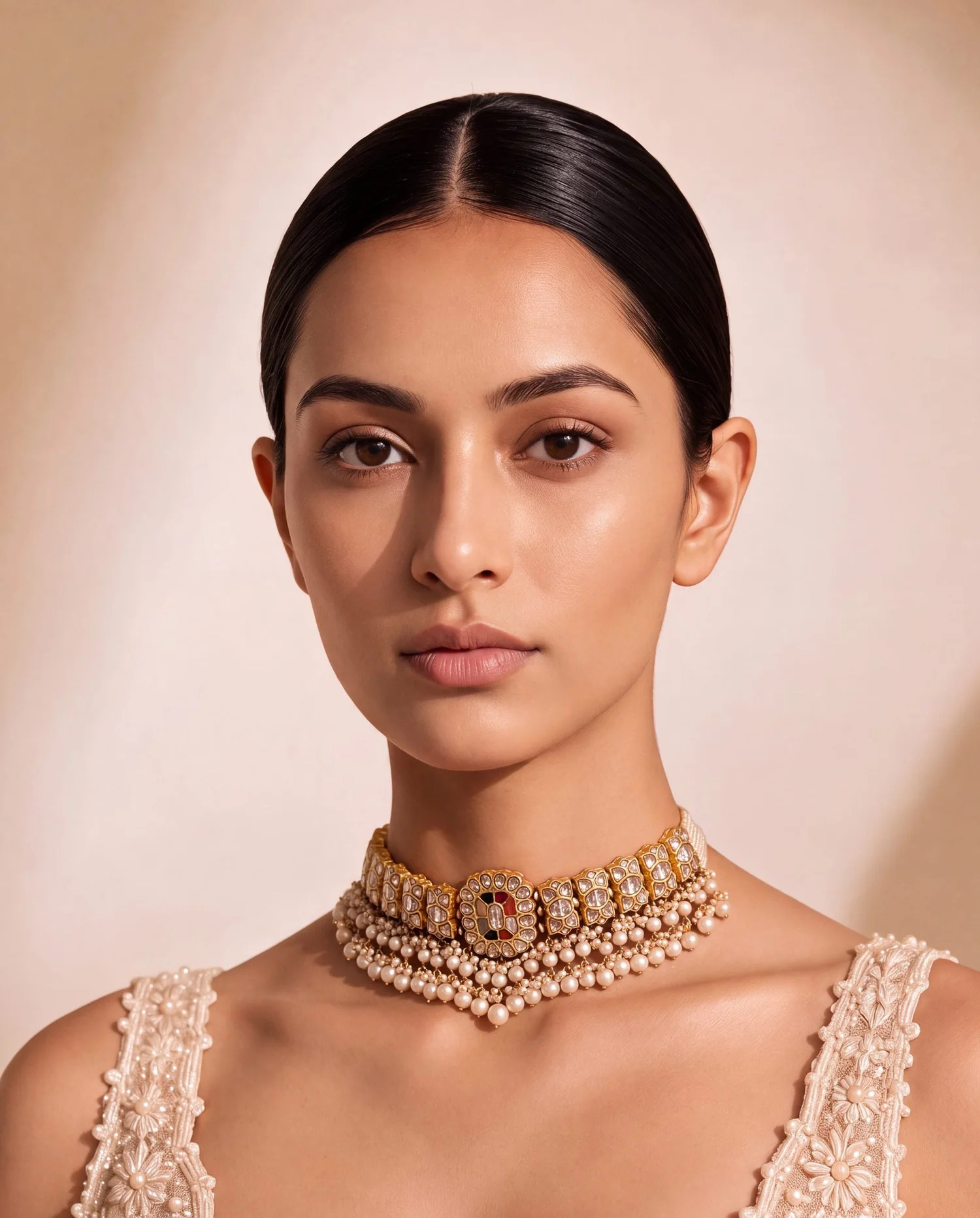 white-pearl jewellery for off-white outfit